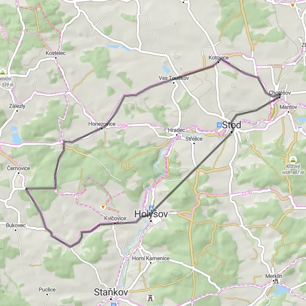 Miniaturní mapa "Okružní cyklistická trasa od Chotěšova" inspirace pro cyklisty v oblasti Jihozápad, Czech Republic. Vytvořeno pomocí plánovače tras Tarmacs.app