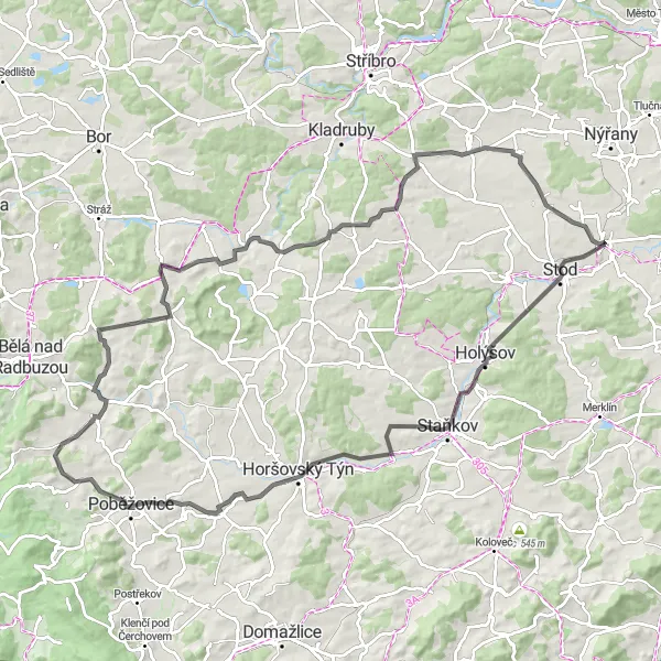 Mapa miniatúra "Cyklotrasa s výhľadmi na Staňkov a Hostoun pre silničné bicykle" cyklistická inšpirácia v Jihozápad, Czech Republic. Vygenerované cyklistickým plánovačom trás Tarmacs.app