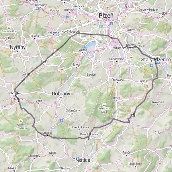 Miniaturní mapa "Silniční okruh Chotěšovem" inspirace pro cyklisty v oblasti Jihozápad, Czech Republic. Vytvořeno pomocí plánovače tras Tarmacs.app