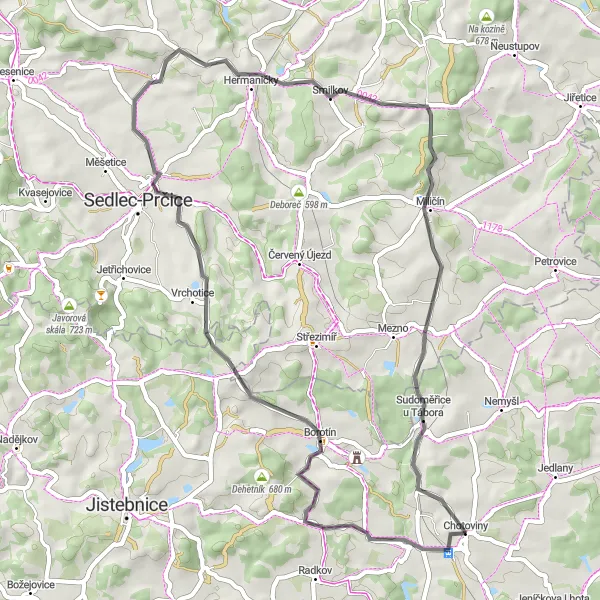 Map miniature of "Chotoviny to Sudoměřice u Tábora Loop" cycling inspiration in Jihozápad, Czech Republic. Generated by Tarmacs.app cycling route planner