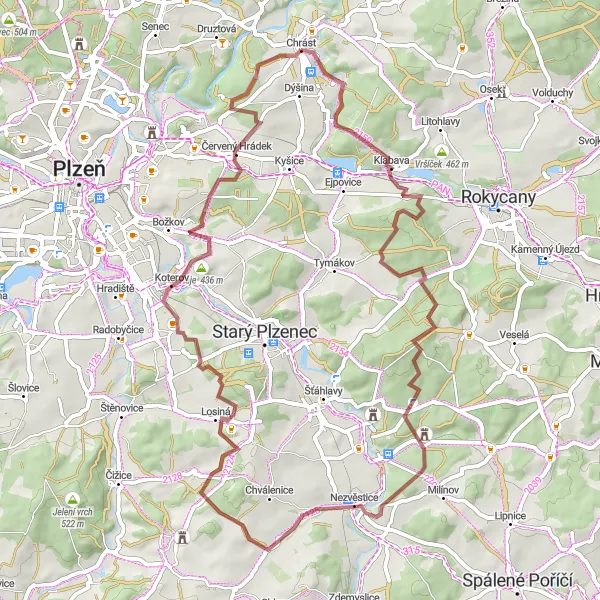 Miniaturní mapa "Gravelový okruh kolem Černé mýti a Nezvěstic" inspirace pro cyklisty v oblasti Jihozápad, Czech Republic. Vytvořeno pomocí plánovače tras Tarmacs.app