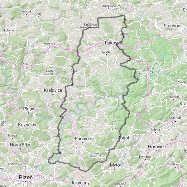 Miniaturní mapa "Cyklotrasa Kožlany - Lužná" inspirace pro cyklisty v oblasti Jihozápad, Czech Republic. Vytvořeno pomocí plánovače tras Tarmacs.app
