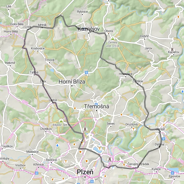 Miniaturní mapa "Cyklotrasa Kaznějov - Dýšina" inspirace pro cyklisty v oblasti Jihozápad, Czech Republic. Vytvořeno pomocí plánovače tras Tarmacs.app