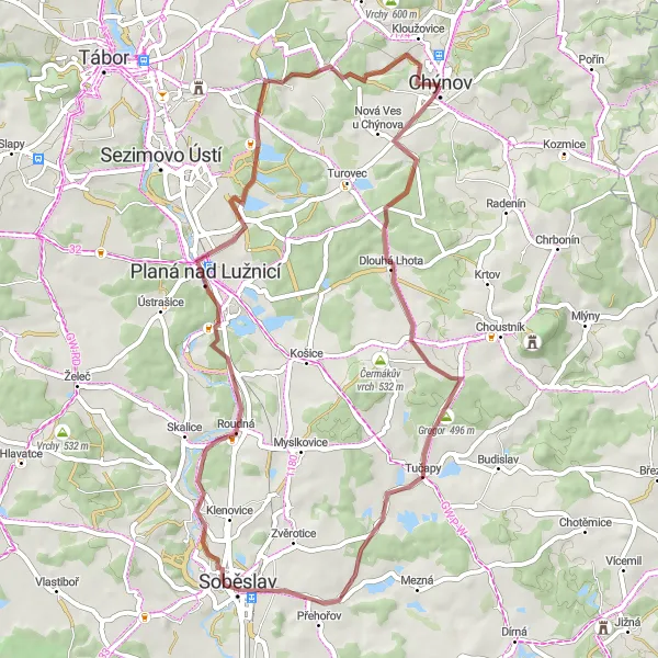 Miniaturní mapa "Zajímavá cyklistická trasa kolem Chýnova" inspirace pro cyklisty v oblasti Jihozápad, Czech Republic. Vytvořeno pomocí plánovače tras Tarmacs.app