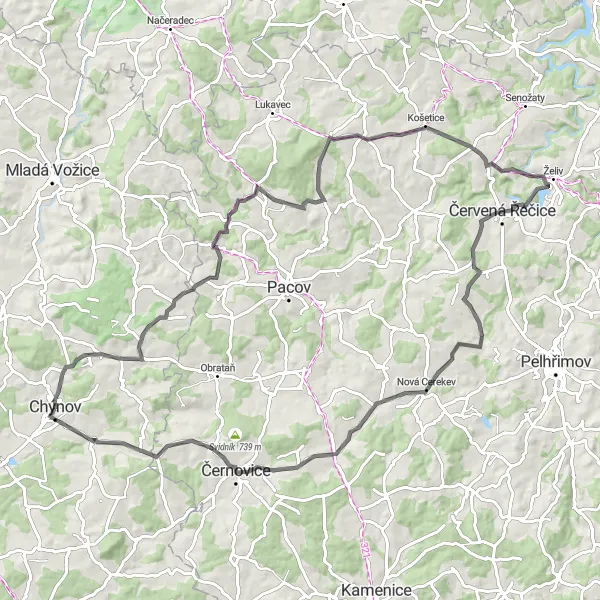 Miniaturní mapa "Náročná silniční trasa kolem Chýnova" inspirace pro cyklisty v oblasti Jihozápad, Czech Republic. Vytvořeno pomocí plánovače tras Tarmacs.app