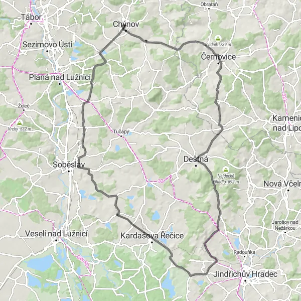 Miniaturní mapa "Okružní cyklotrasa z Chýnova" inspirace pro cyklisty v oblasti Jihozápad, Czech Republic. Vytvořeno pomocí plánovače tras Tarmacs.app