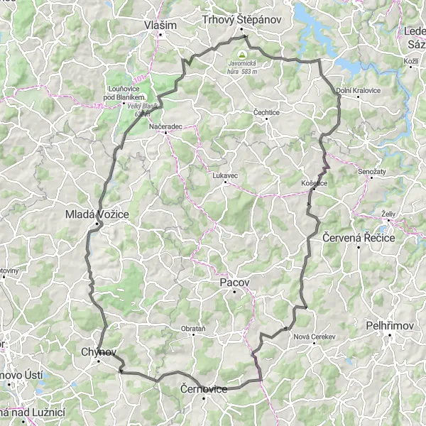 Mapa miniatúra "Okolo Chýnova a kolem Malého Blaníku" cyklistická inšpirácia v Jihozápad, Czech Republic. Vygenerované cyklistickým plánovačom trás Tarmacs.app