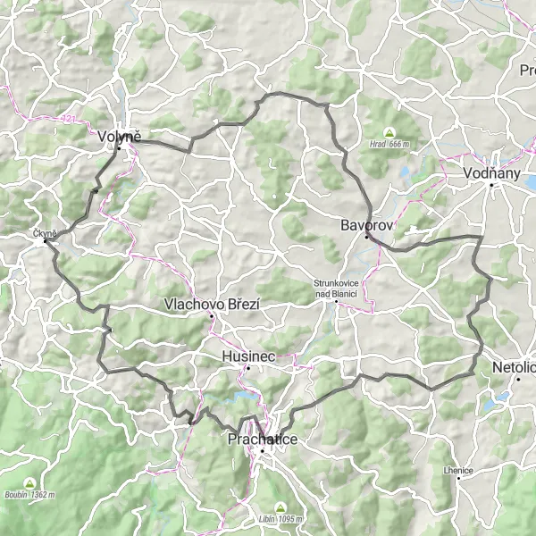 Mapa miniatúra "Okruh katastrů od Čkyně" cyklistická inšpirácia v Jihozápad, Czech Republic. Vygenerované cyklistickým plánovačom trás Tarmacs.app
