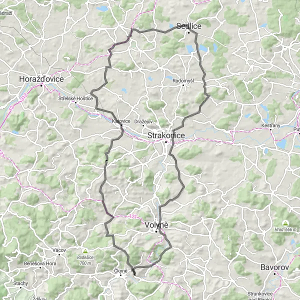 Miniaturní mapa "Podél významných vrcholů a malebných vesnic" inspirace pro cyklisty v oblasti Jihozápad, Czech Republic. Vytvořeno pomocí plánovače tras Tarmacs.app