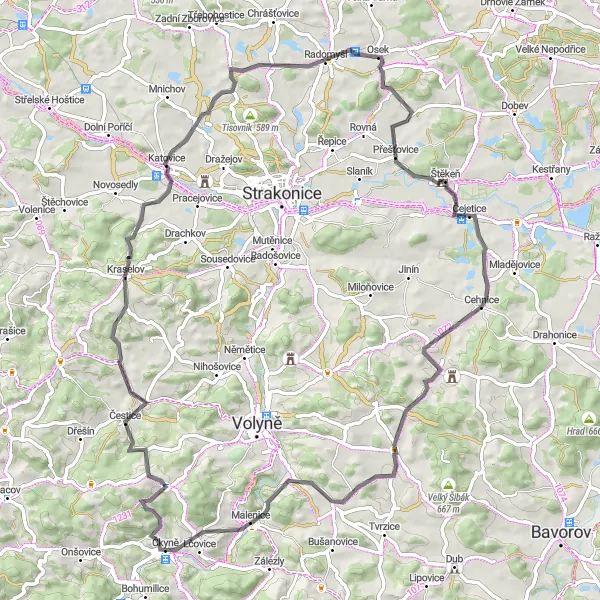 Miniatura mapy "Trasa dookoła Čkyně przez Osek i Štěkeň" - trasy rowerowej w Jihozápad, Czech Republic. Wygenerowane przez planer tras rowerowych Tarmacs.app