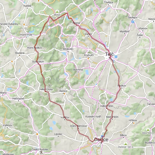 Miniaturní mapa "Gravel Route near Dačice" inspirace pro cyklisty v oblasti Jihozápad, Czech Republic. Vytvořeno pomocí plánovače tras Tarmacs.app