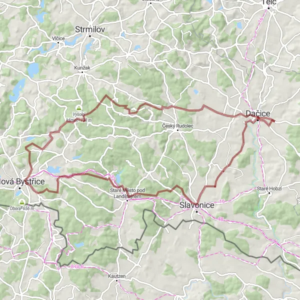 Miniaturní mapa "Gravelová výzva kolem Landštejna" inspirace pro cyklisty v oblasti Jihozápad, Czech Republic. Vytvořeno pomocí plánovače tras Tarmacs.app