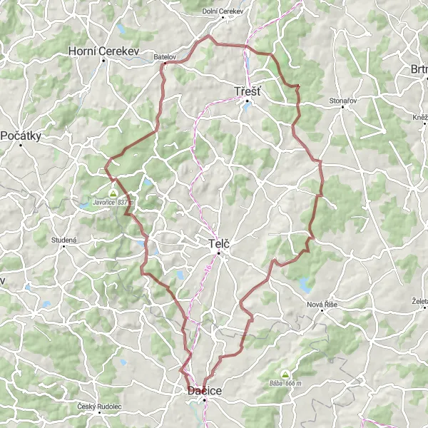 Miniaturní mapa "Gravel Route from Dačice" inspirace pro cyklisty v oblasti Jihozápad, Czech Republic. Vytvořeno pomocí plánovače tras Tarmacs.app