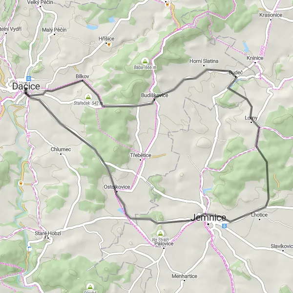 Miniatura mapy "Trasa Rowerowa Stařeček - Dačice I" - trasy rowerowej w Jihozápad, Czech Republic. Wygenerowane przez planer tras rowerowych Tarmacs.app