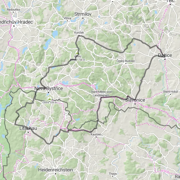 Miniaturní mapa "Výlet do Litschau a rozhledna U Jakuba" inspirace pro cyklisty v oblasti Jihozápad, Czech Republic. Vytvořeno pomocí plánovače tras Tarmacs.app