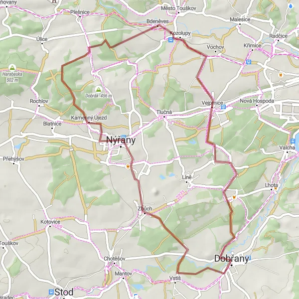 Map miniature of "Gravel Adventure: Vistas and Village Charm from Dobřany" cycling inspiration in Jihozápad, Czech Republic. Generated by Tarmacs.app cycling route planner