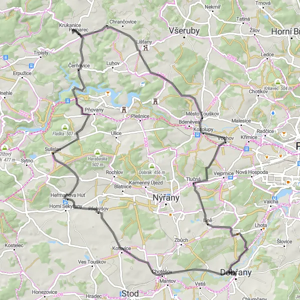 Map miniature of "Road Cycling Adventure: Chasing Hills from Dobřany" cycling inspiration in Jihozápad, Czech Republic. Generated by Tarmacs.app cycling route planner