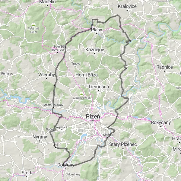 Karten-Miniaturansicht der Radinspiration "Herausfordernde Straßentour mit beeindruckenden Aussichten" in Jihozápad, Czech Republic. Erstellt vom Tarmacs.app-Routenplaner für Radtouren