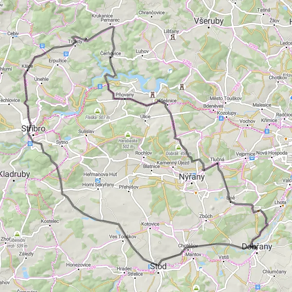 Map miniature of "Venturing Through the Scenic Routes of Dobřany" cycling inspiration in Jihozápad, Czech Republic. Generated by Tarmacs.app cycling route planner