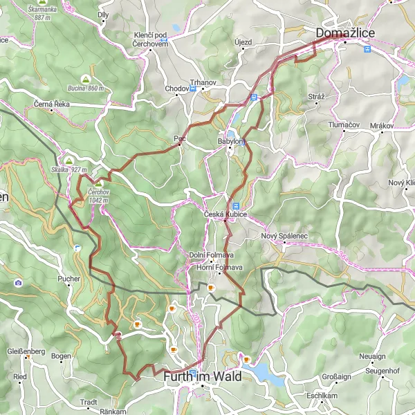 Map miniature of "Domažlice - Město - Na Skále - Reiseck - Bredahittn - Čerchov - Pec - Dubová hůrka - Petrovice" cycling inspiration in Jihozápad, Czech Republic. Generated by Tarmacs.app cycling route planner