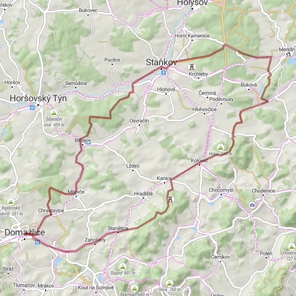 Miniaturní mapa "Gravelový okruh kolem Domažlic" inspirace pro cyklisty v oblasti Jihozápad, Czech Republic. Vytvořeno pomocí plánovače tras Tarmacs.app