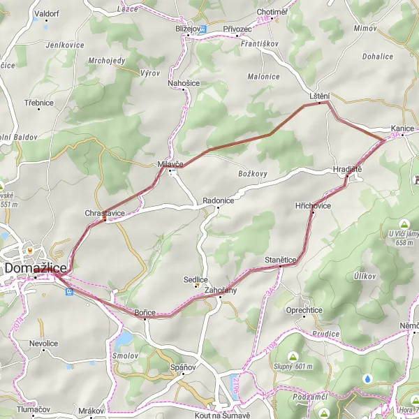 Miniaturní mapa "Gravel Okruh Domažlice - Domažlice" inspirace pro cyklisty v oblasti Jihozápad, Czech Republic. Vytvořeno pomocí plánovače tras Tarmacs.app