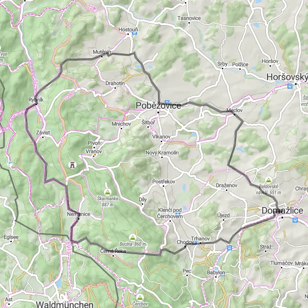 Mapa miniatúra "Cyklistická trasa okolo Domažlic" cyklistická inšpirácia v Jihozápad, Czech Republic. Vygenerované cyklistickým plánovačom trás Tarmacs.app