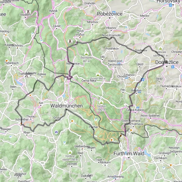 Miniaturní mapa "Okruh kolem Domažlic" inspirace pro cyklisty v oblasti Jihozápad, Czech Republic. Vytvořeno pomocí plánovače tras Tarmacs.app