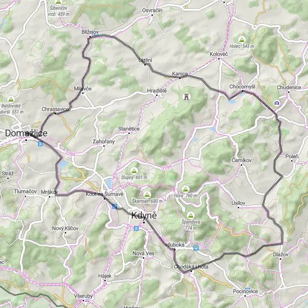 Map miniature of "Countryside Road Trip" cycling inspiration in Jihozápad, Czech Republic. Generated by Tarmacs.app cycling route planner