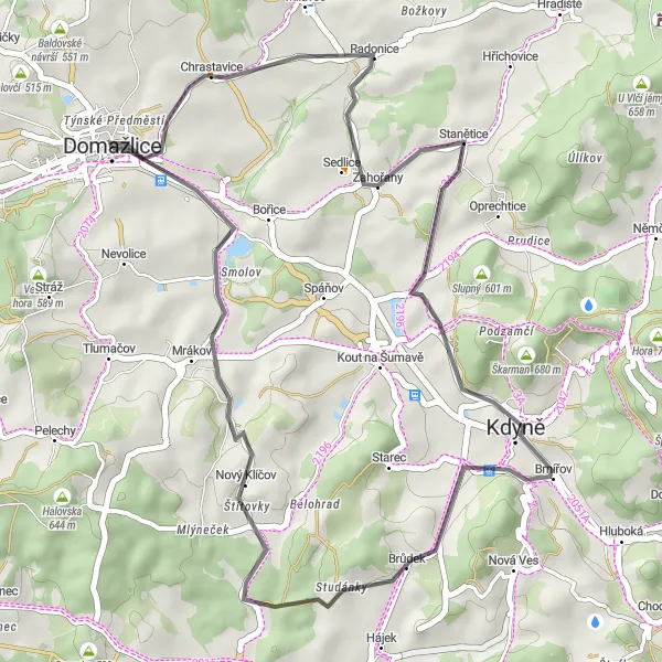 Miniaturní mapa "Road Okruh Domažlice - Domažlice" inspirace pro cyklisty v oblasti Jihozápad, Czech Republic. Vytvořeno pomocí plánovače tras Tarmacs.app