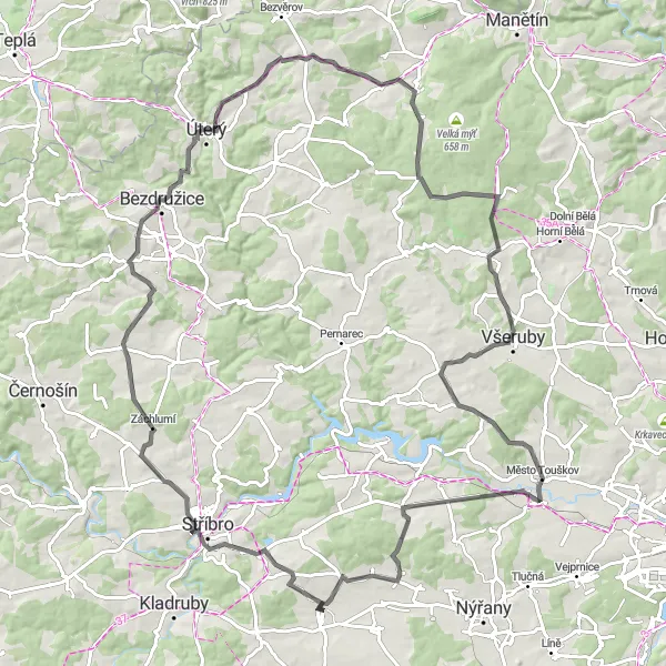 Mapa miniatúra "Náročná silniční cyklotrasa kolem Heřmanovy Huť" cyklistická inšpirácia v Jihozápad, Czech Republic. Vygenerované cyklistickým plánovačom trás Tarmacs.app