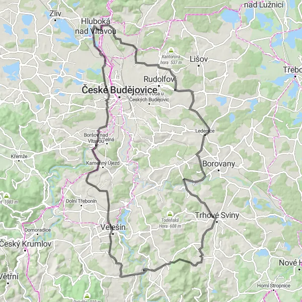 Map miniature of "Climbing Challenge to Besednice and České Vrbné" cycling inspiration in Jihozápad, Czech Republic. Generated by Tarmacs.app cycling route planner