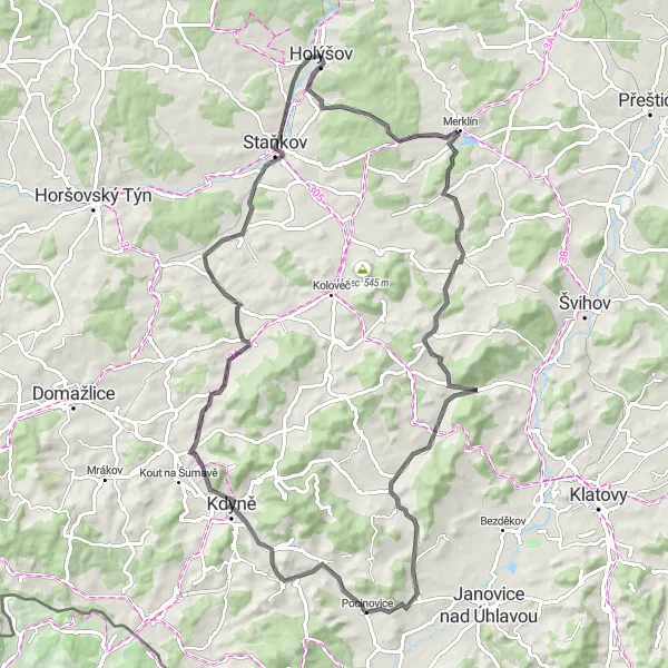 Miniaturní mapa "Jihozápadní silniční trasa podél Lipového vrchu, Čihadla a Bílky" inspirace pro cyklisty v oblasti Jihozápad, Czech Republic. Vytvořeno pomocí plánovače tras Tarmacs.app