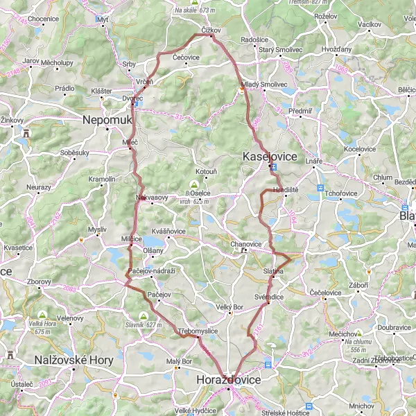 Miniaturní mapa "Gravelový okruh s významnými body v okolí Horažďovic" inspirace pro cyklisty v oblasti Jihozápad, Czech Republic. Vytvořeno pomocí plánovače tras Tarmacs.app
