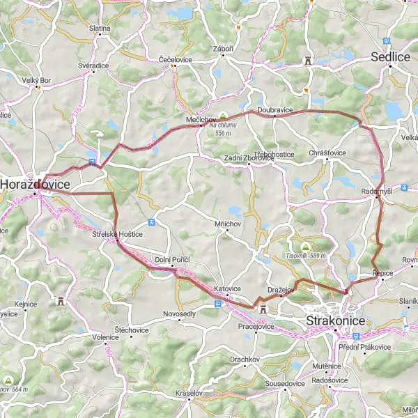 Miniaturní mapa "Okolím Horažďovic" inspirace pro cyklisty v oblasti Jihozápad, Czech Republic. Vytvořeno pomocí plánovače tras Tarmacs.app