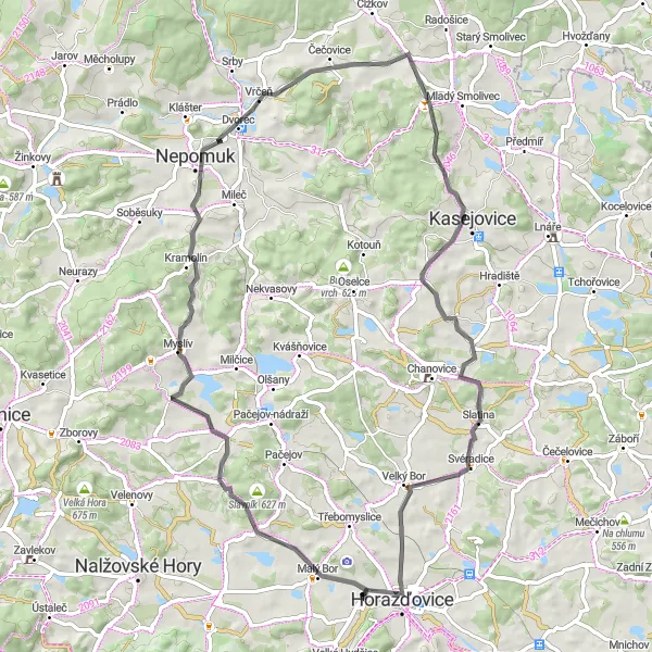 Miniaturní mapa "Cyklistická trasa v okolí Horažďovic" inspirace pro cyklisty v oblasti Jihozápad, Czech Republic. Vytvořeno pomocí plánovače tras Tarmacs.app