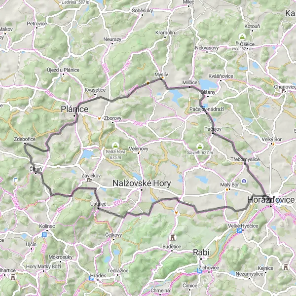 Miniaturní mapa "Cestou krajinou" inspirace pro cyklisty v oblasti Jihozápad, Czech Republic. Vytvořeno pomocí plánovače tras Tarmacs.app