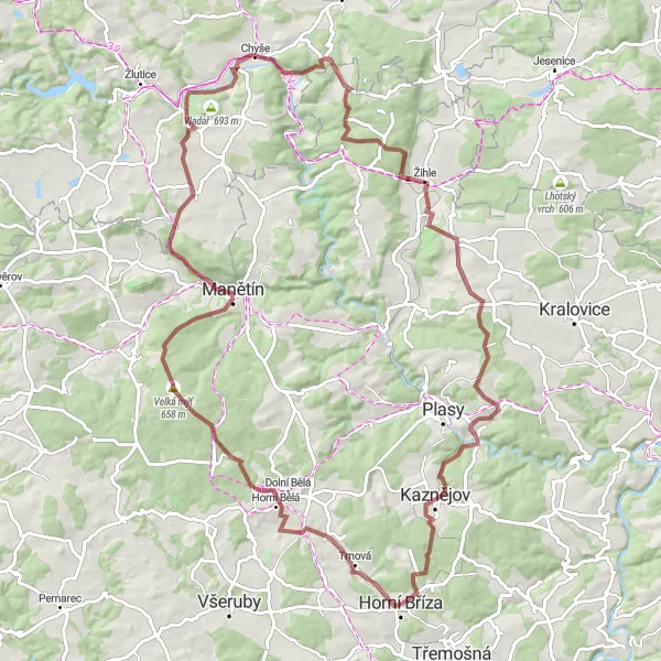 Mapa miniatúra "Gravelová výzva Manětín" cyklistická inšpirácia v Jihozápad, Czech Republic. Vygenerované cyklistickým plánovačom trás Tarmacs.app