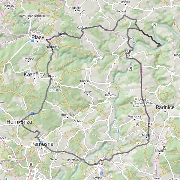 Mapa miniatúra "Okruh kolem Horní Břízy" cyklistická inšpirácia v Jihozápad, Czech Republic. Vygenerované cyklistickým plánovačom trás Tarmacs.app