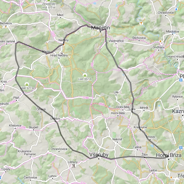 Miniatura mapy "Trasa przez Na Horách i Červený vrch" - trasy rowerowej w Jihozápad, Czech Republic. Wygenerowane przez planer tras rowerowych Tarmacs.app