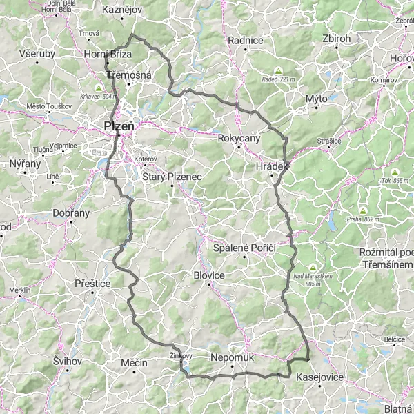 Map miniature of "Epic Road Cycling Adventure near Horní Bříza" cycling inspiration in Jihozápad, Czech Republic. Generated by Tarmacs.app cycling route planner