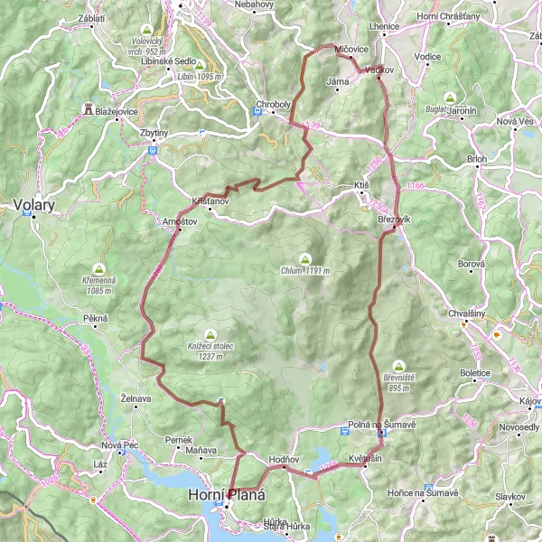 Karten-Miniaturansicht der Radinspiration "Gravel Tour um Horní Planá" in Jihozápad, Czech Republic. Erstellt vom Tarmacs.app-Routenplaner für Radtouren