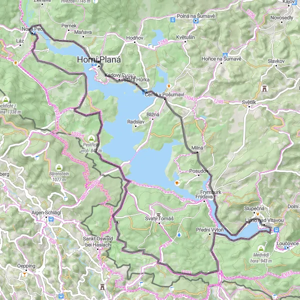 Map miniature of "Lake Lipno Road Loop" cycling inspiration in Jihozápad, Czech Republic. Generated by Tarmacs.app cycling route planner