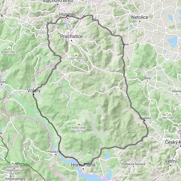 Map miniature of "Challenge Yourself on the Volary Road Route" cycling inspiration in Jihozápad, Czech Republic. Generated by Tarmacs.app cycling route planner