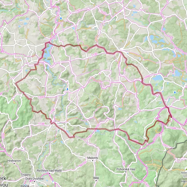 Map miniature of "Mlýnský vrch and Benešov nad Černou Gravel Route" cycling inspiration in Jihozápad, Czech Republic. Generated by Tarmacs.app cycling route planner