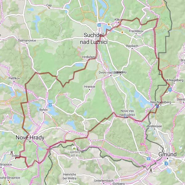 Miniaturní mapa "Gravelová cesta k jihozápadu od Horní Stropnice" inspirace pro cyklisty v oblasti Jihozápad, Czech Republic. Vytvořeno pomocí plánovače tras Tarmacs.app