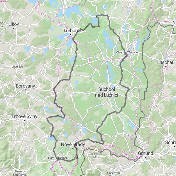 Mapa miniatúra "Road Cycling to Halámky" cyklistická inšpirácia v Jihozápad, Czech Republic. Vygenerované cyklistickým plánovačom trás Tarmacs.app