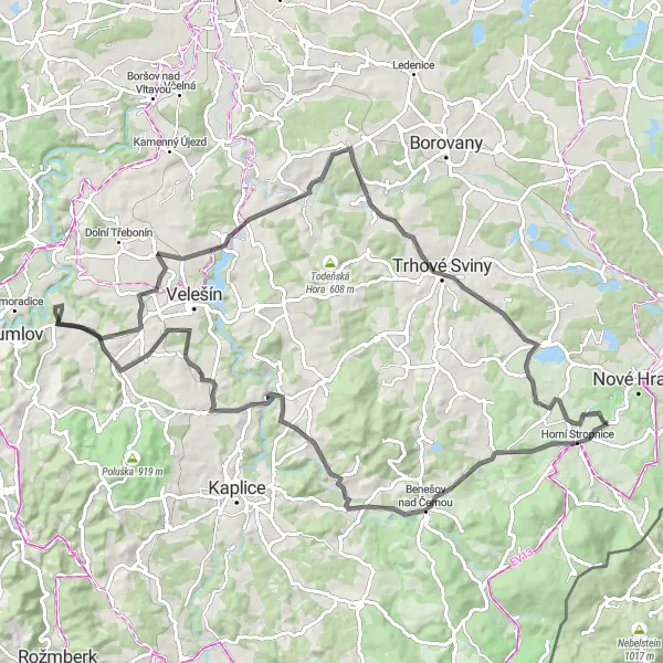 Mapa miniatúra "Silniční cyklotrasa kolem Horní Stropnice" cyklistická inšpirácia v Jihozápad, Czech Republic. Vygenerované cyklistickým plánovačom trás Tarmacs.app