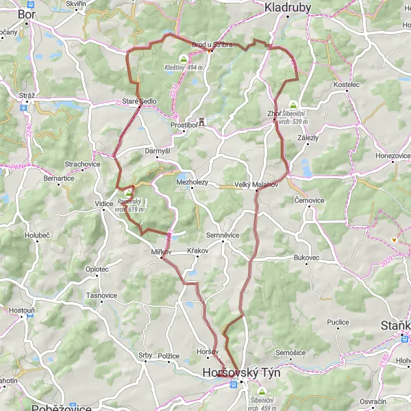 Mapa miniatúra "Gravel cyklotrasa poblíž Horšovského Týna" cyklistická inšpirácia v Jihozápad, Czech Republic. Vygenerované cyklistickým plánovačom trás Tarmacs.app