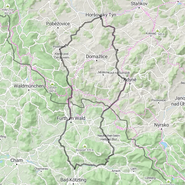 Map miniature of "Nahošice to Horšovský Týn Road Cycling Route" cycling inspiration in Jihozápad, Czech Republic. Generated by Tarmacs.app cycling route planner